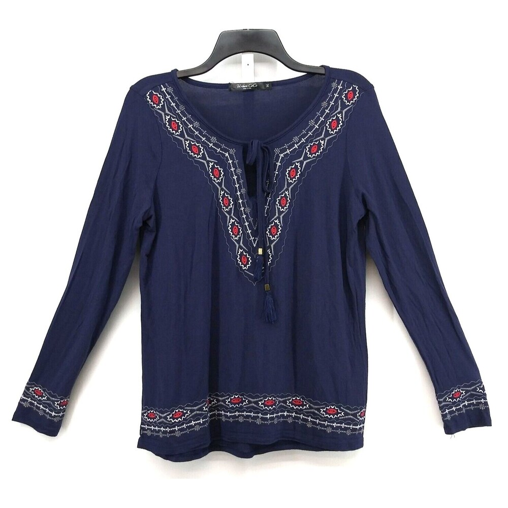 Urban CoCo Shirt Womens Size M Blue Embroidered Keyhole Tie Neck Long Sleeve Top